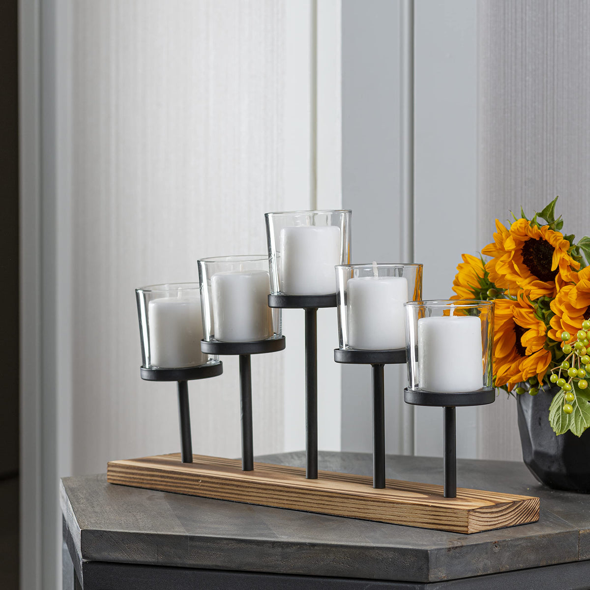 Elegant Decorative Votive Candle Holder Centerpiece, 5 Glass Cups on Wood Base-Tray for Anniversary, Wedding, Dining Table Centerpiece, Decorations Living Room, Decor Coffee Table Centerpiece, Menorah