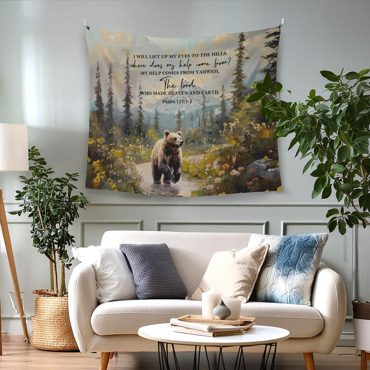 WAITPI Christian Woodland Mountain Hanging Wall Tapestry for Bedroom, Farmhouse Bear Forest Psalm 121:1-2 Bible Verse Scripture Wall Hanging Decor Tapestry for Home Living Room, 50x60in