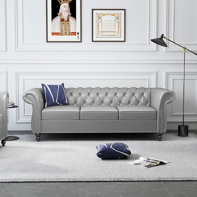 ORRD 3 Piece Living Room Set, Chesterfield Leather Sofa Loveseat Couch Chair