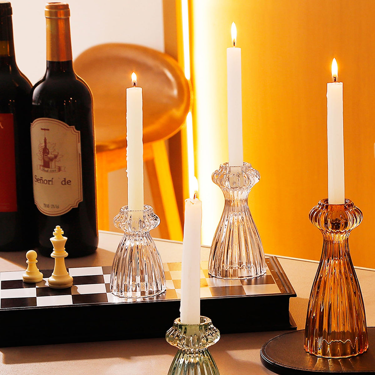 Lysenn Glass Candle Stick Holder Set of 3 – Premium Taper Candle Holders for Romantic Ambiance - Candle Sticks Holder Decor for Special Occasions - Clear