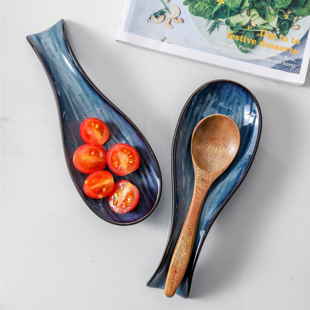 Hasense Butter Dish with Lid and Ceramic Spoon Rest Set for Countertop, 2 Pieces Navy Reactive Glaze Dinnerware Accessories Set Perfect for Home Decor, Kitchen Housewarming Gift, 8.7 Inch