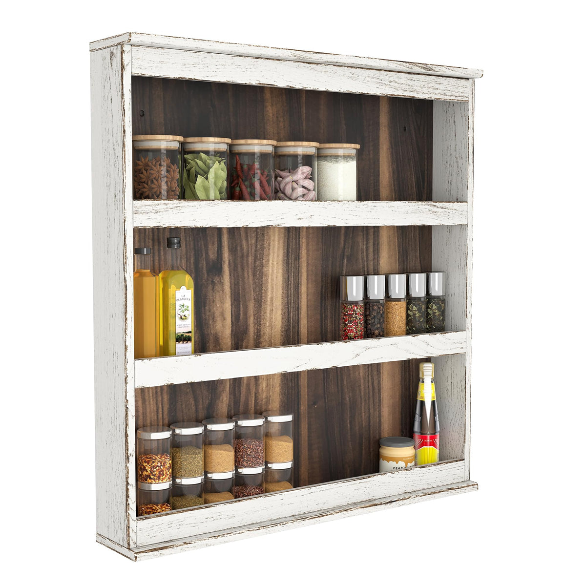Nisorpa 3 Tier Spice Rack Wall Mount, Rustic Burnt Wood Wall Hanging Spice Rack Kitchen Spice Shelf Organizer for Seasoning Jars or Condiment Bottles, 19.68 x 3.35 x 21.25 Inches