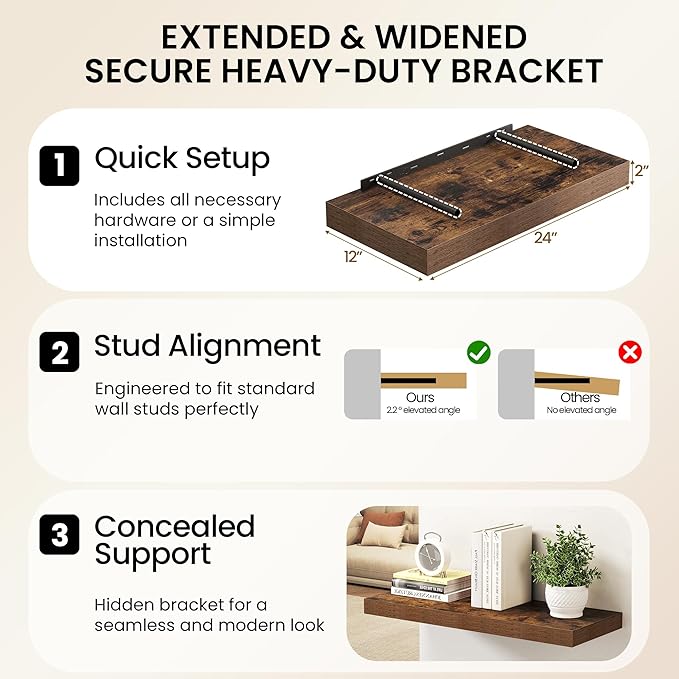 40Inch Floating Shelves for Wall, 12 Inch Deep Shelves for Bedroom, Bathroom