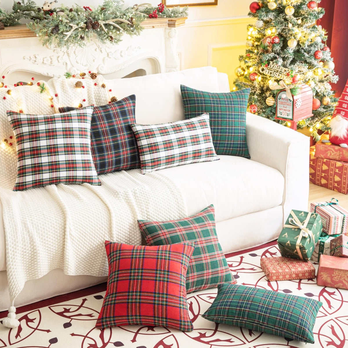 AQOTHES Pack of 2 Christmas Plaid Decorative Throw Pillow Covers Scottish Tartan Cushion Case for Farmhouse Home Holiday Decor Red and White, 18 x 18 Inches