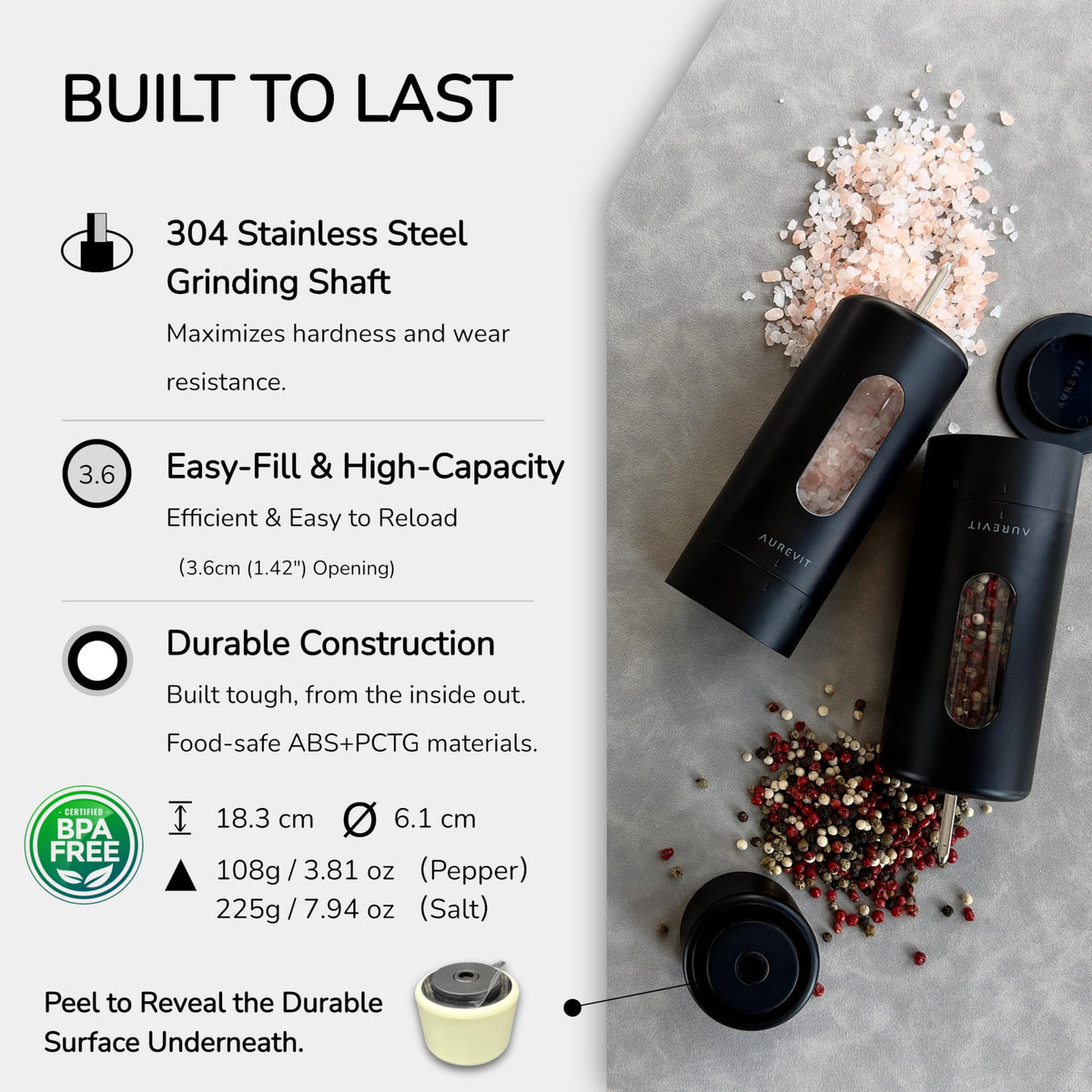 Aurevit Salt And Pepper Grinder Set Manual, Salt And Pepper Mill With Ceramic/Stainless Steel Core, External Adjustable Coarseness, Refillable, Durable (2 Packs, Sage)