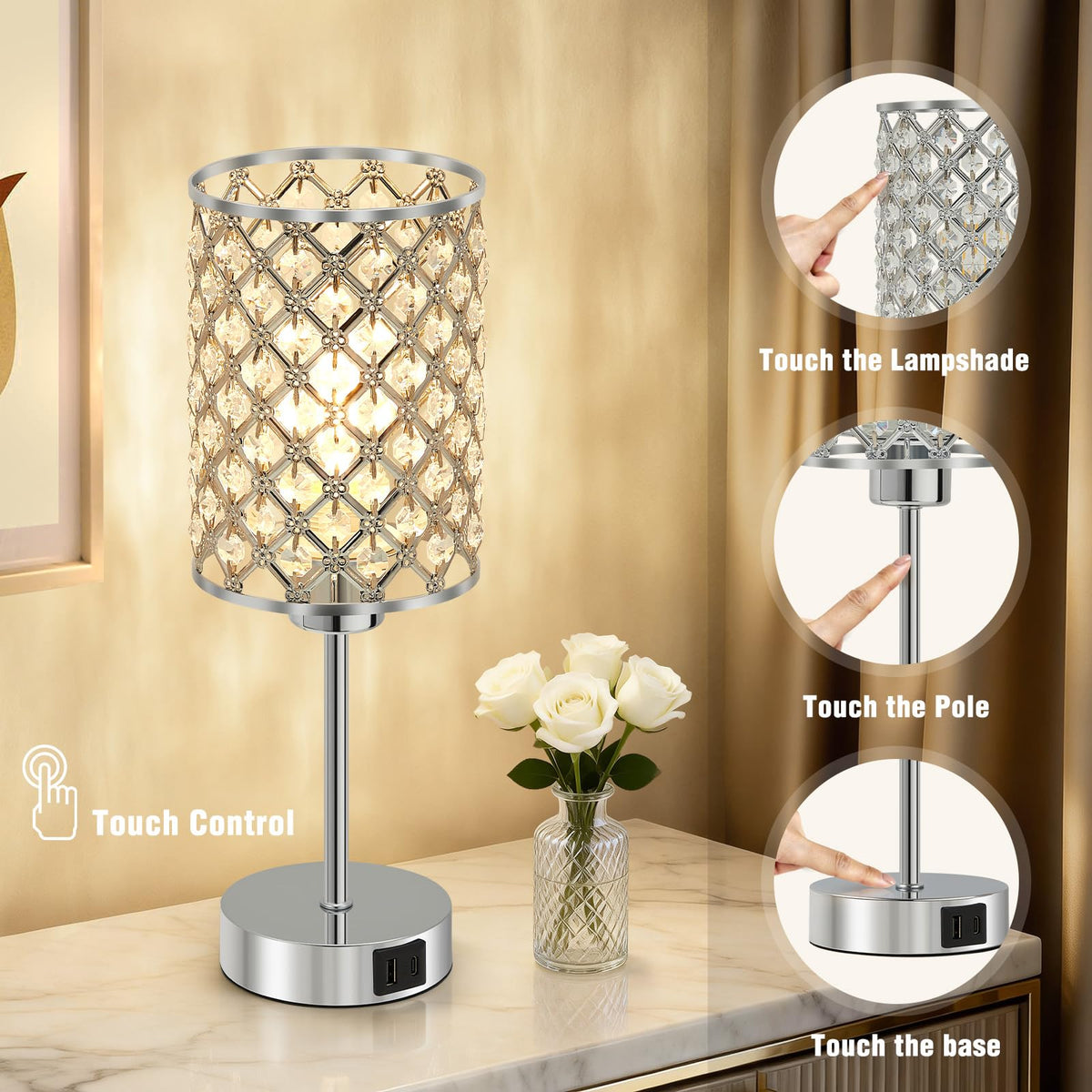 GyroVu Crystal Touch Table Lamp for Bedroom, Silver Desk Lamp with USB-C & USB-A Ports, Dimmable Modern Bedside Lamp for Nightstand, Living Room & Home Office - LED Bulb Included