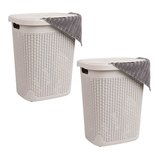 Mind Reader 50L Slim Laundry Hamper, Set of 2, Clothes Basket, Lid, Wicker Design, Plastic, 17.65"L x 13.75"W x 21"H, Ivory