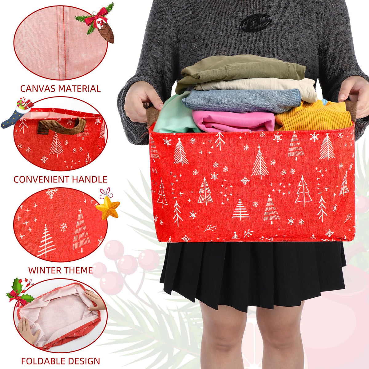 Layhit 3 Pcs Christmas Storage Bins Large Foldable Christmas Basket with Handles Xmas Tree Santa Snowflake Boxes Red white Fabric Collapsible Basket for Cloth Toy Book Ball Party Supplies