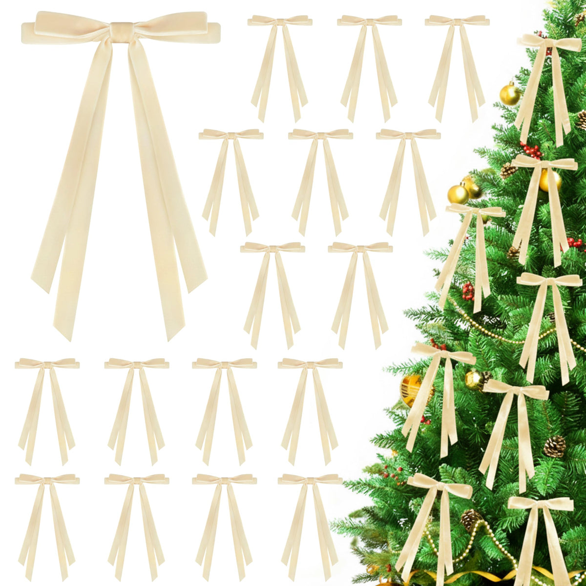 CUPLOOV 24pcs Velvet Bows for Christmas Tree, Pre-Tied Beige White Bow for Xmas Trees Wreaths Gifts Wedding Indoor Outdoor Neutral Decorations, 5 x 7 Inch