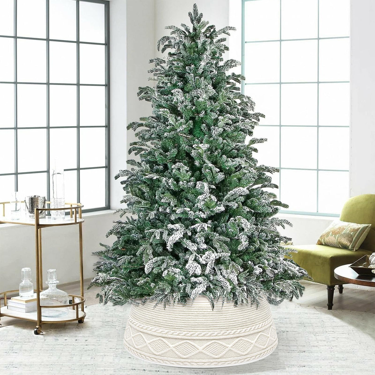 Malier Christmas Tree Collar, 30’’ Knit Xmas Tree Collar, Christmas Tree Collars for Artificial Trees, 11" Extra Tall Tree Stand Base Cover Ring Skirt for 6 ft 9 ft Tree (White, 11''H × 30" W)