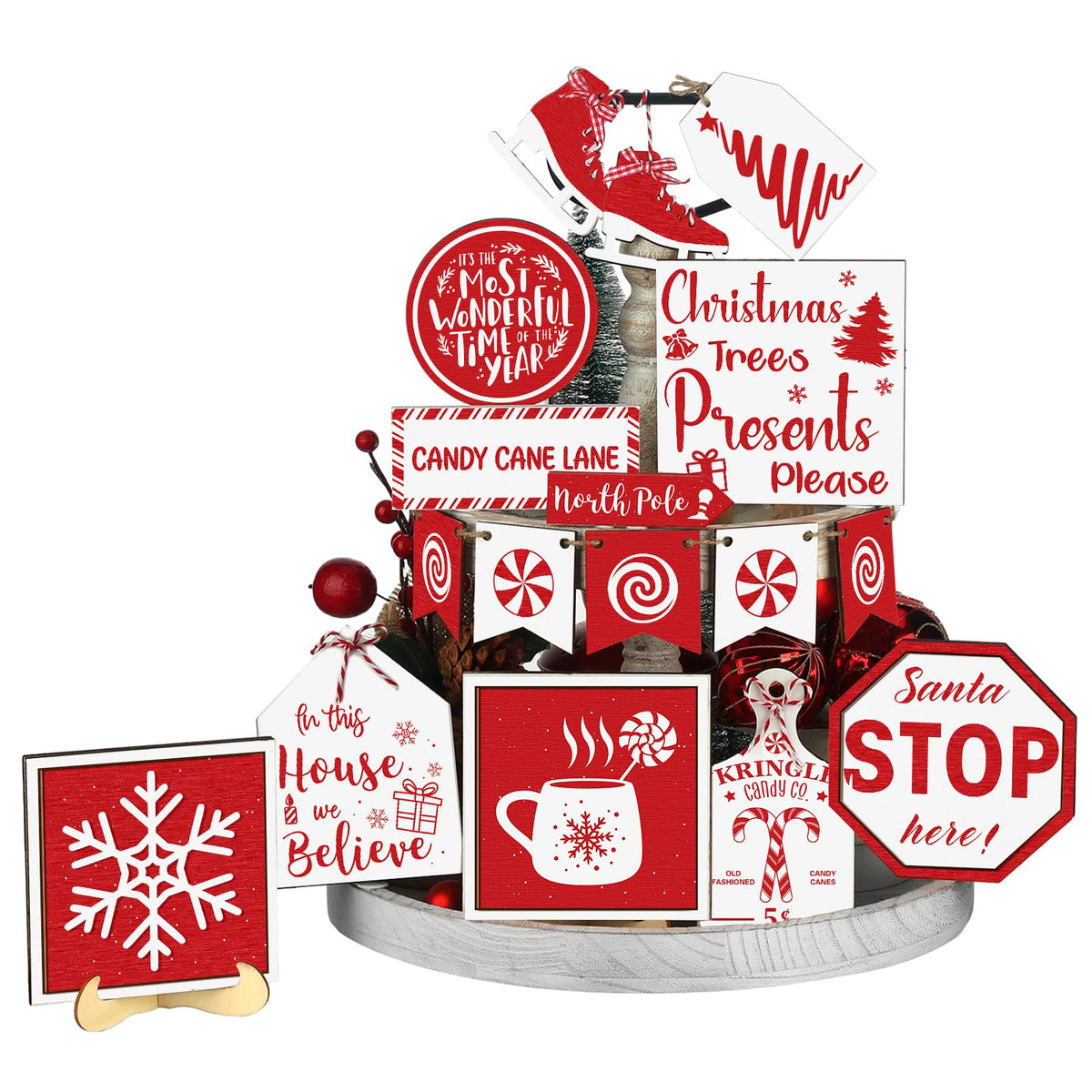 FairySandy 15 Pcs Christmas Tiered Tray Decor Rustic Christmas Decorations Candy Hot Cocoa Snowflake Wood Sign Xmas Tiered Tray Winter Farmhouse Rustic Table Decor for New Year Home Shelf Tabletop