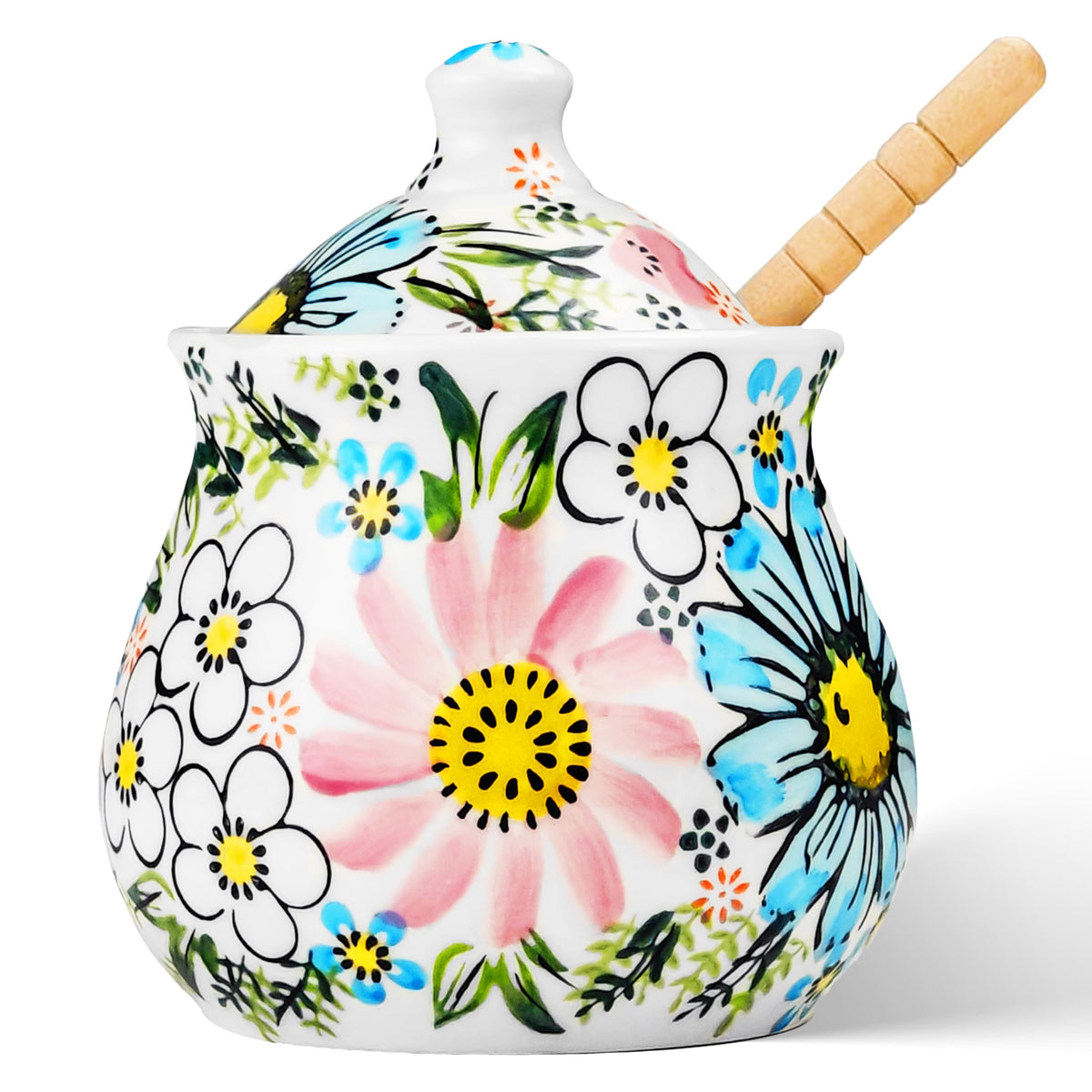 JUSONEY Ceramic Honey Pot with Dipper and Lid,10oz Handpainted Honey Dispenser with Flowers,No drip, Honey Jar Easy Clean(B)