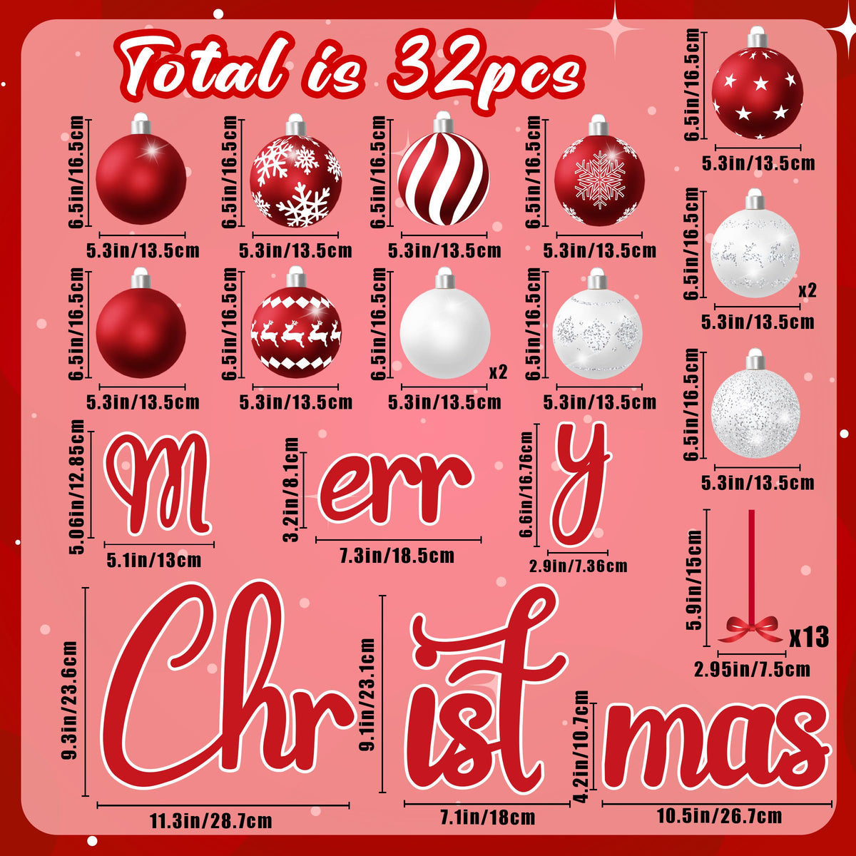 32PCS Christmas Garage Door Decorations Magnets - Merry Xmas Ball Holiday Refrigerator Fridge Kitchen Decor(Red, White)