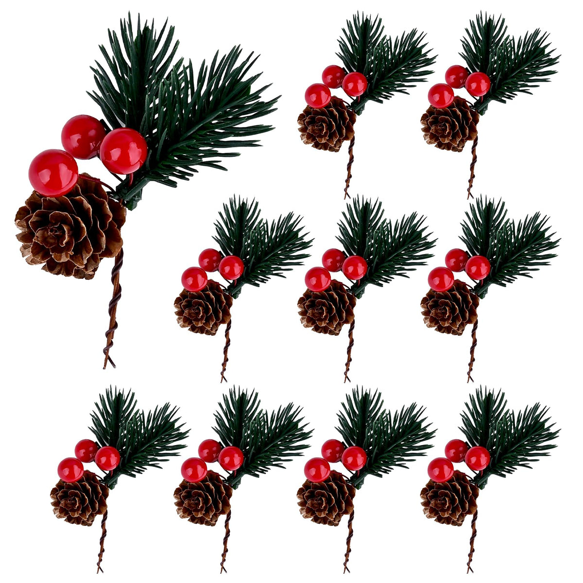 Prdingfy 10 PCS Christmas Snow Covered Pine Needles Branches with Red Berries, Christmas Floral Pick Mini Pinecone Picks for Holiday Wreath,Tree Ornaments