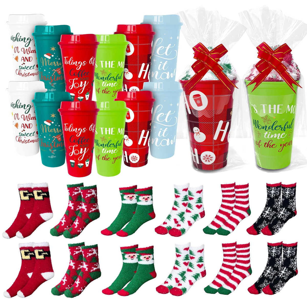 36 Pcs Christmas Bulk Gifts for Coworkers Funny Christmas Cupcake Fuzzy Socks for Women Include 12 Fluffy Socks 12 Coffee Cup 12 Pull String Bows 20 Bag for Winter Xmas Birthday Holiday DIY Gift Bulk