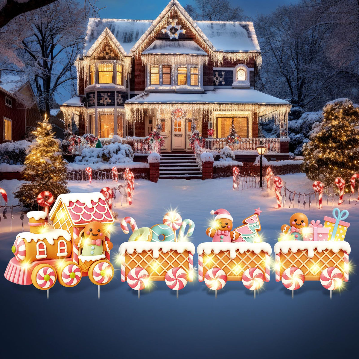 Marsui 4 Pcs Christmas Train Decoration Yard Sign with 4 LED Light Lawn Sign Christmas Pink Gingerbread Candy Gift Box Train Set with 8 Stake for Xmas Garden Outdoor Holiday Party Decor