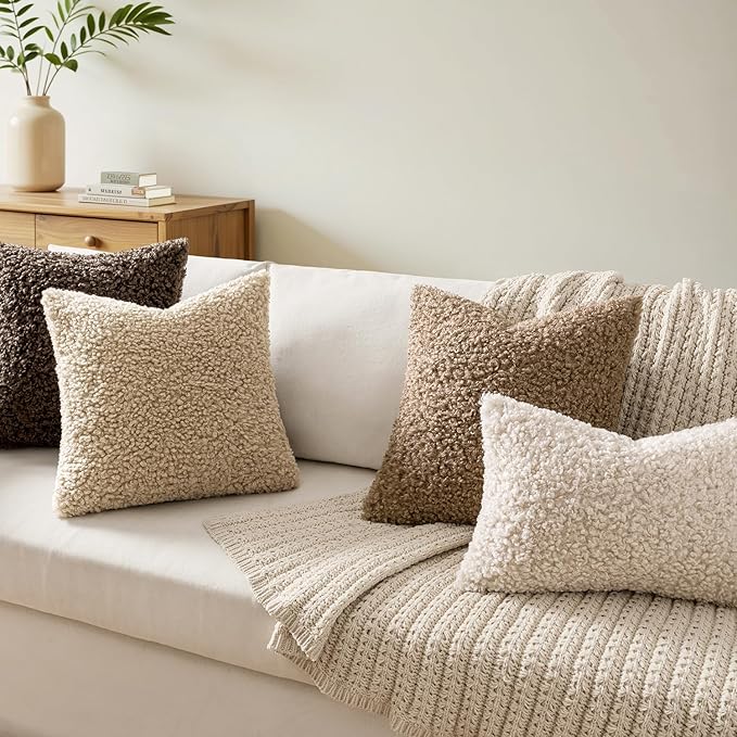 Faux Fur Throw Pillow Covers 20x20 Inch Set of 2 Boucle Neutral Decorative