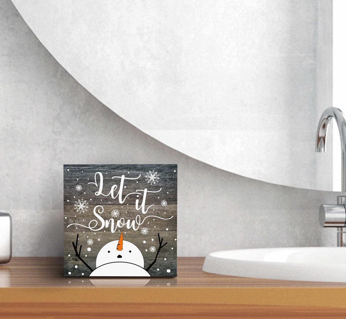 SRADMO Let It Snow Christmas Wooden Sign Desk Decor, Snowman Christmas Decor, Rustic Winter Snowflake Wood Block Signs for Home Office Xmas Party Holiday Desk Table Shelf Decorations, 5x5 Inches