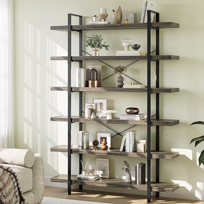 Heavy Duty 6-Tier Industrial Bookcase, 120lbs Shelf Capacity, Rustic Open
