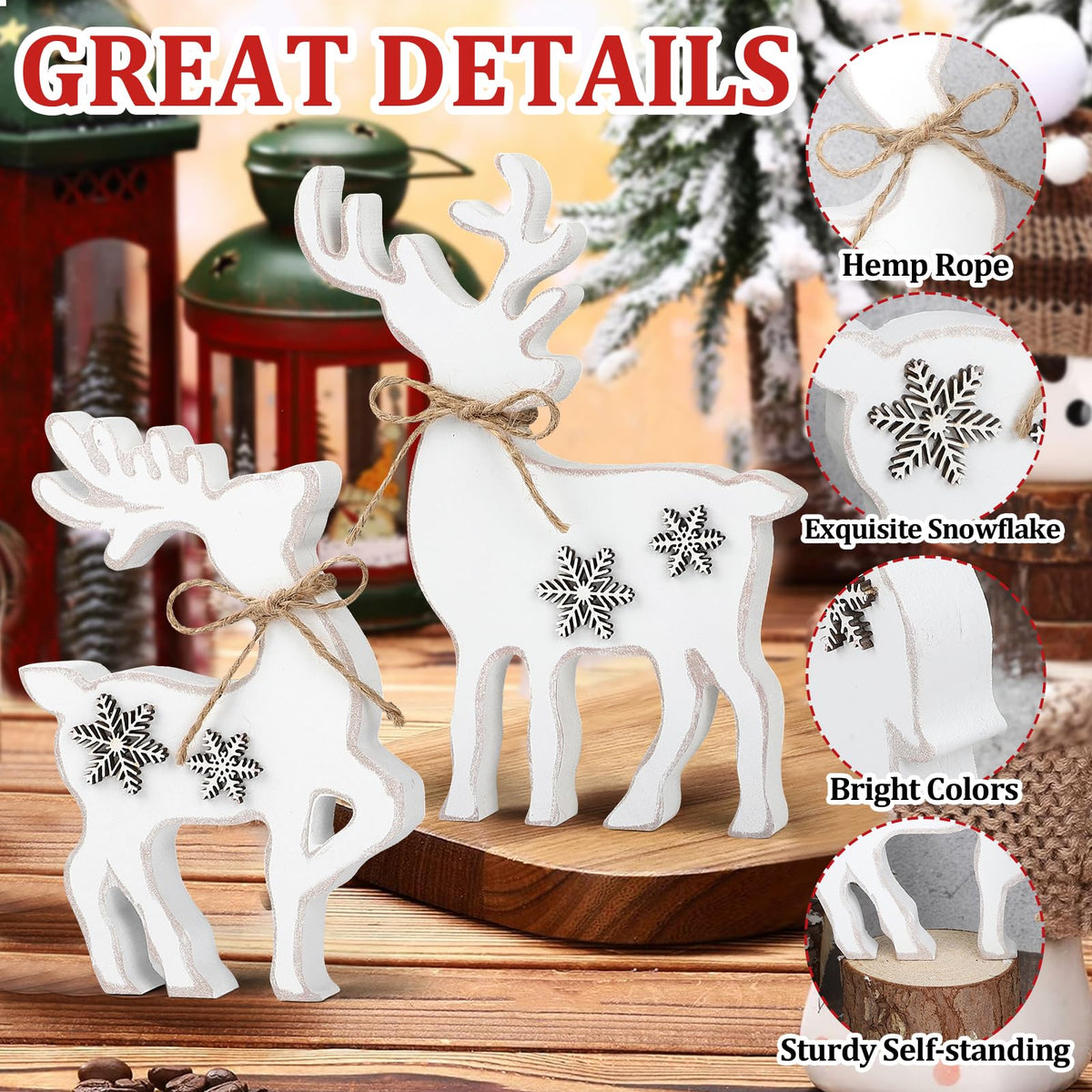 3Pcs Cute Christmas Tiered Tray Decor Indoor, Wooden Farmhouse Reindeer Christmas Tabletop Decorations Xmas Centerpiece, Rustic Reindeer Sign Standing Elk Decor for Home Shelf (White)