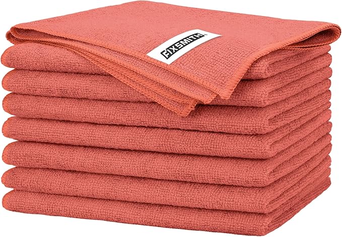 FIXSMITH Red Microfiber Cleaning Cloth -Pack of 8, Highly Absorbent Cleaning