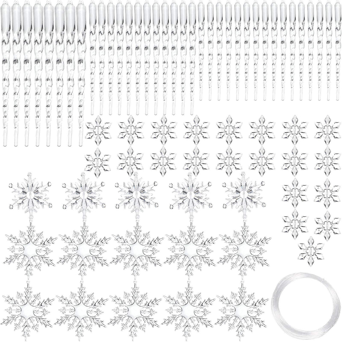 Chuangdi 72 Pcs Snowflake Icicle Ornaments for Christmas Tree Twisted Glitter Icicles Acrylic Hanging Drop Decoration for Winter Xmas Holiday Party New Year Outdoor Supplies(Clear)