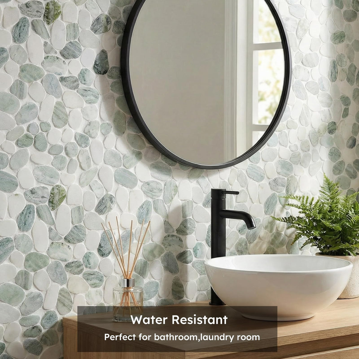Diflart Natural Pebble Stone Tile for Shower Floor, Emerald Green Oval, 4 Sheets, Sliced Pebble Mosaic Backsplash for Kitchen Bathroom Floor and Wall Tile
