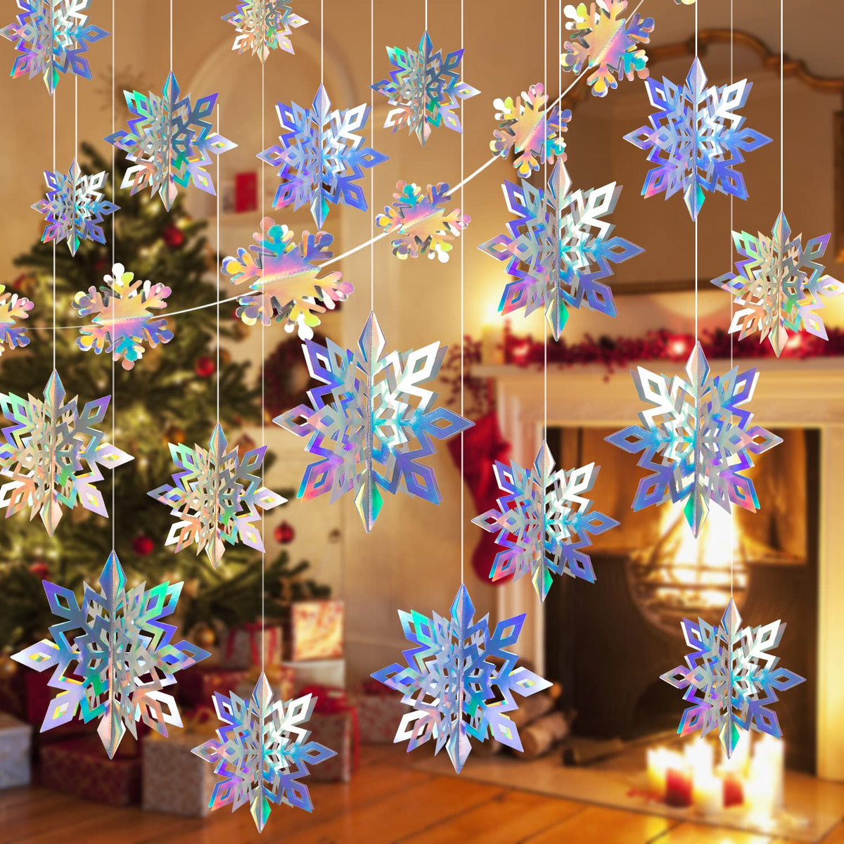 27PCS Christmas Hanging Snowflakes 3D Paper Snowflakes Christmas Tree Decorations Hanging Snowflake Decorations for Winter Wonderland Christmas Indoor Outdoor Holiday Decor (27, Iridescent)