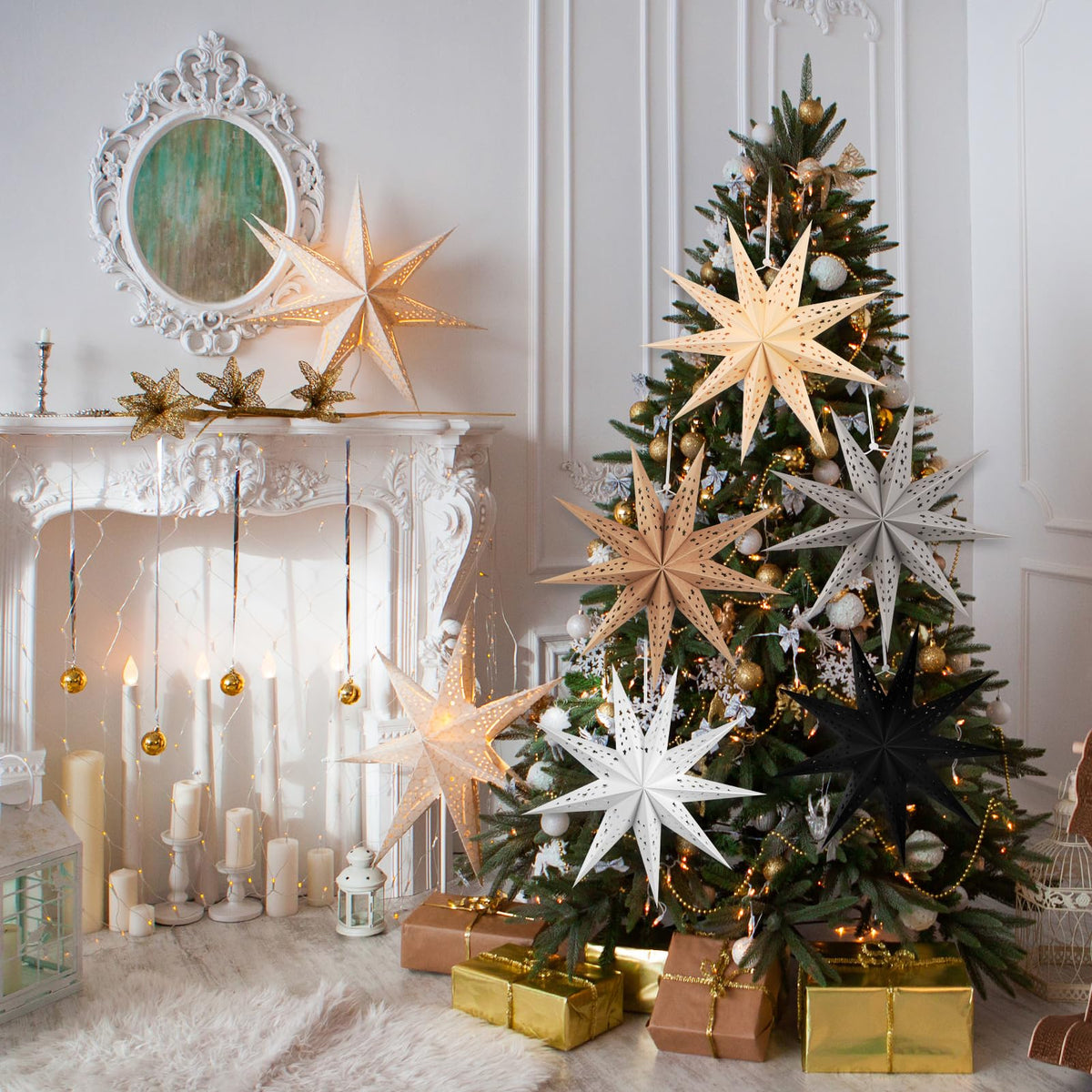 SUNBEAUTY 9-Pointed 12 Inch Hollow Out Paper Star Lanterns Brown White Gray Christmas Lanterns Hanging Lamp Paper Decorations Shade Wedding Birthday Christmas Home Party Decorations