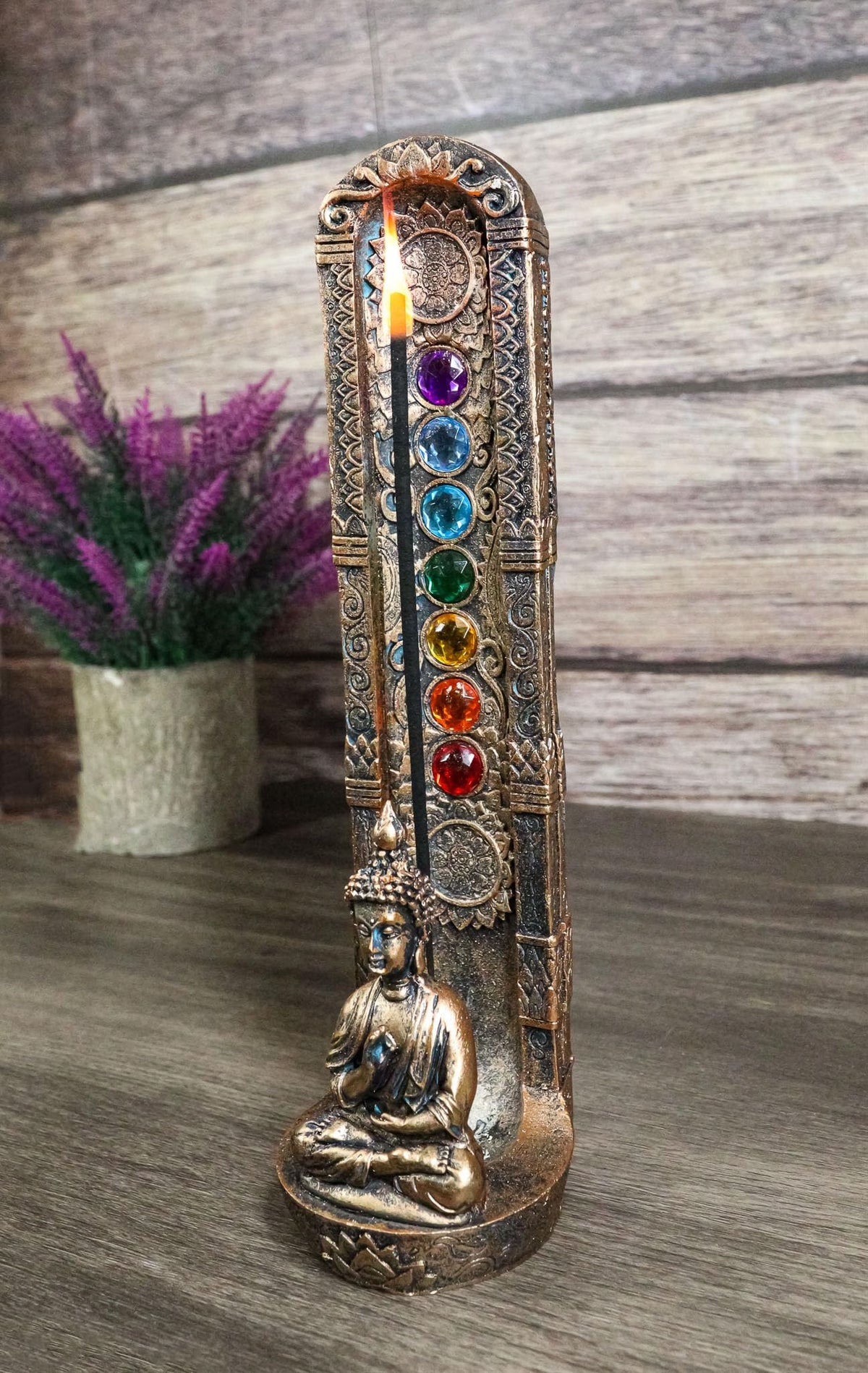 Ebros Gift Ohm Meditating Buddha Gautama with Mandala and Rainbow 7 Chakra Zone Colors Gems Pillar Incense Stick Burner Figurine Feng Shui Zen Yoga Eastern Enlightenment Accent