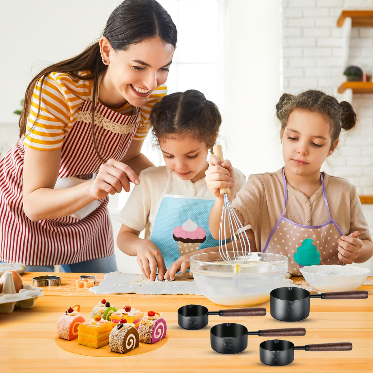 Milkary 4Pcs Measuring Cups with Wooden Handle, Black Stainless Steel Measuring Cups Scoops Set, Dog Food Scoop for Kitchen Flour Spice Seasoning Measurement Cooking (1, 1/2, 1/3, 1/4 Cup)