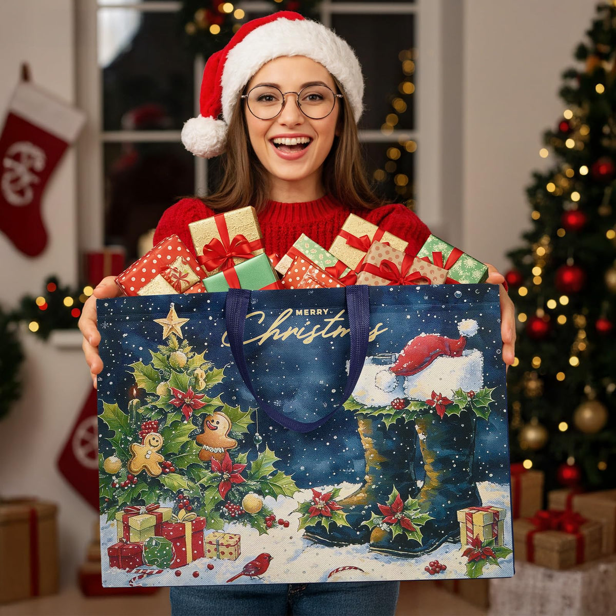 YANGTE 12 Pack Extra Large Christmas Gift Bags with Handles, Reusable Non-Woven Christmas Bags for Presents Wrapping Holiday Xmas Party Favors Supplies(16.7" x 12.6" x 6.7")