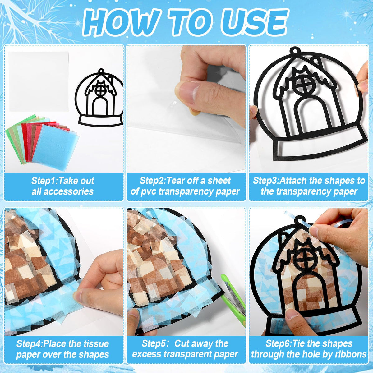Qyeahkj 36 Set Winter Christmas Suncatchers Craft Kit for DIY Santa Snowman Reindeer Globe Tissue Paper Craft Kit Hanging Decor for Xmas Home Activity Art Project Birthday Party Favor Gift
