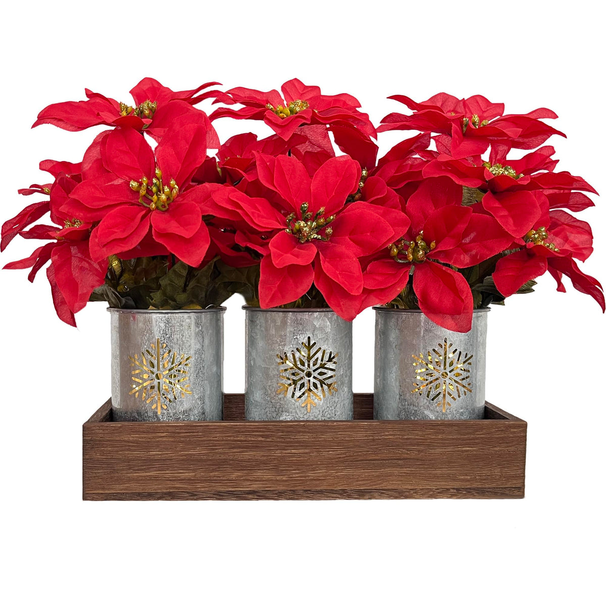 CANCLEAR Artificial Christmas Flower Arrangement, 3pcs Poinsettias in Galvanized Pots with Wood Tray and LED String Lights, Perfect Tabletop Centerpiece for Holiday Decor