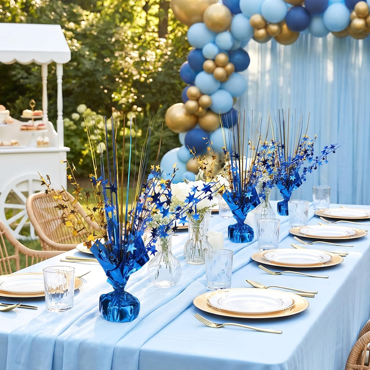 12 Pack Metallic Foil Spray Star Centerpieces for Tables, Blue and Gold Party Decorations for Wedding Birthday Baby Shower Bachelorette Retirement New Years Party Table Decorations
