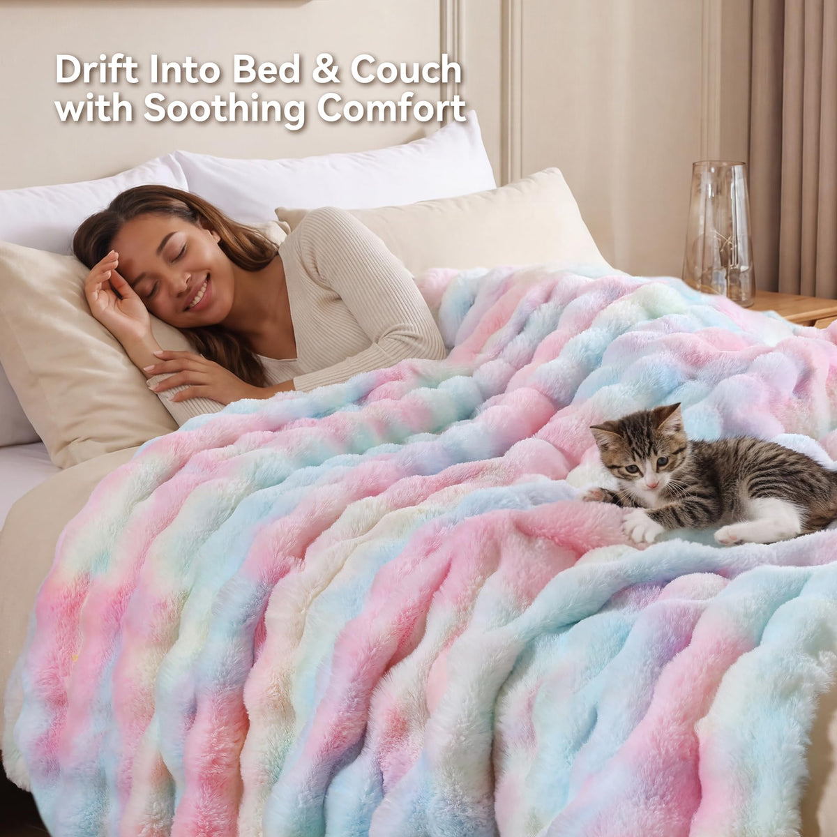 Smoofy Faux Fur Throw Blanket for Couch - Rainbow Super Soft Cozy Bubble Blanket, Fluffy Plush Fuzzy Throw for Sofa & Bed, Thick Lightweight Warm Blanket, Luxury Aesthetic Gift for Women 50"x60"
