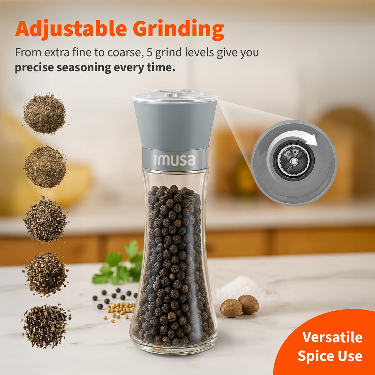 IMUSA Salt Shaker and Pepper Grinder Set – 2 Pack Glass Salt Shaker and Pepper Mill Set, Manual Adjustable Ceramic Core Pepper Grinder, 6 oz Capacity, Refillable Salt and Pepper Set for Kitchen