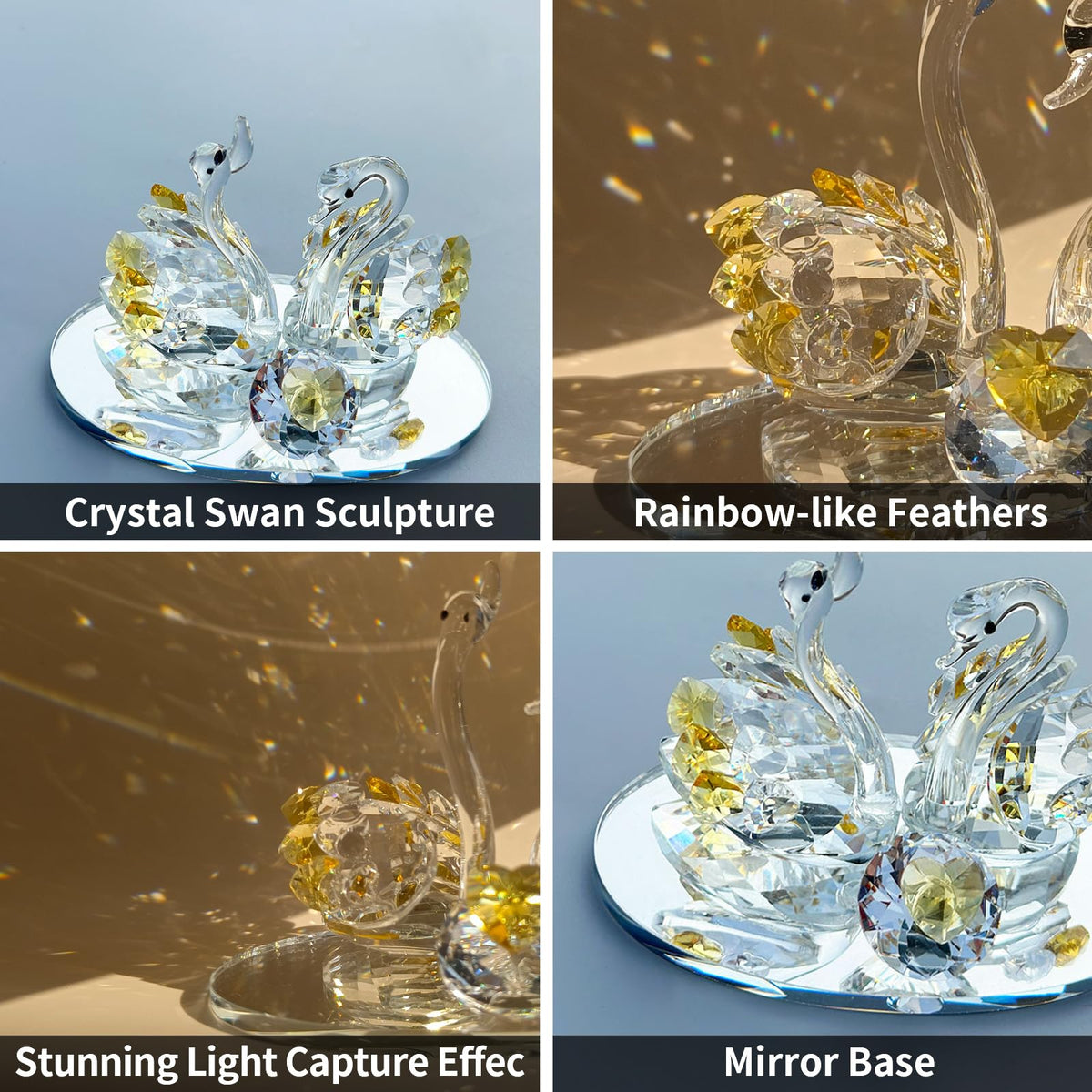 Venusorn Handcrafted Crystal Swan Figurine Sculpture with Accents, Decorative Glass Collectible,Birthday, Party, Study Room, Window, Gift (Golden)