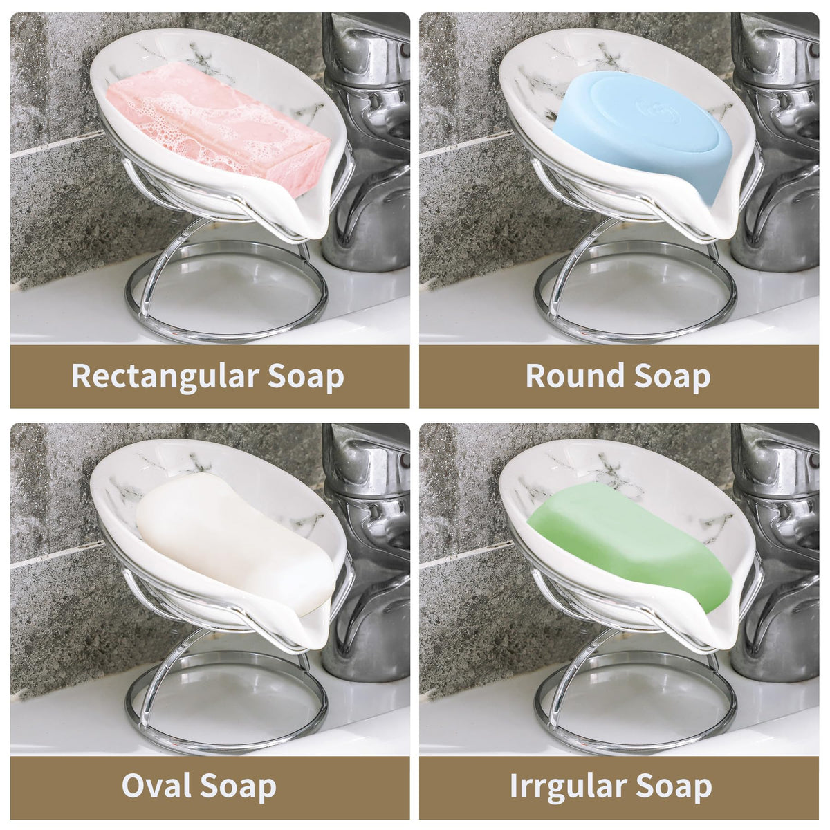 Dobbyby Leaf-Shaped Soap Dish – Premium Ceramic Soap Bar Holder with Self-Drainage System – Bar Soap Holder for Shower, Bathroom Sink, Kitchen – Waterfall Soap Dish with Stainless Steel Stand (SLIVER)