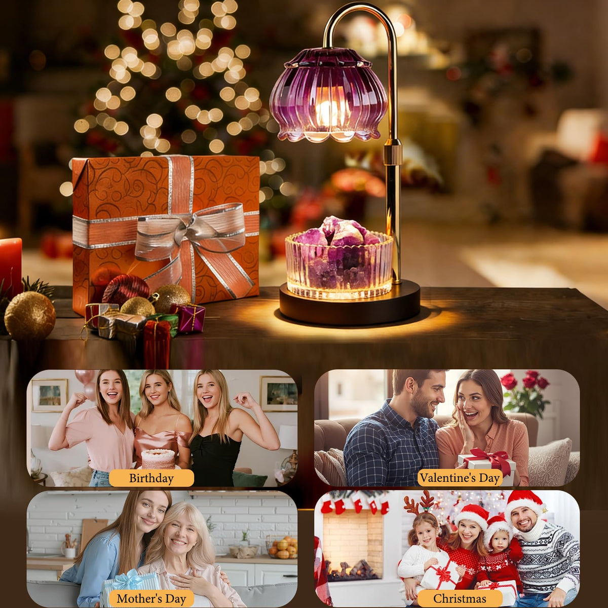 Candle Warmer Lamp with Dimmer & Timer, Adjustable Brightness & Temperature, 2/4/6H Timed, Natural Amethyst Crystals Essential Oil Diffuser & Melting Lamp for Scented Wax Melts, Home Decorative Gift