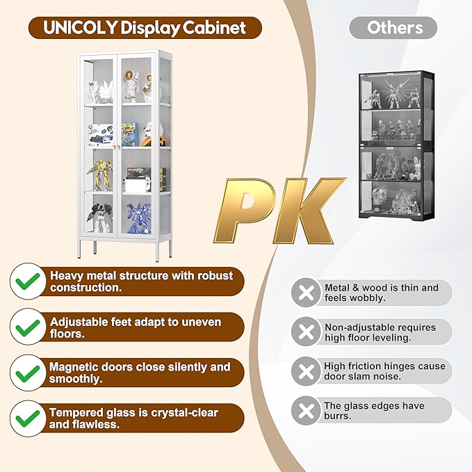 UNICOLY Display Cabinet with Glass Doors, Glass Display Cabinet 4-Tier