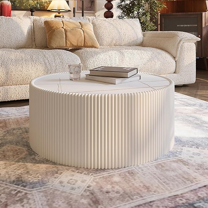 SSLine Round Drum Coffee Table Modern Sintered Stone Top Coffee Table in White
