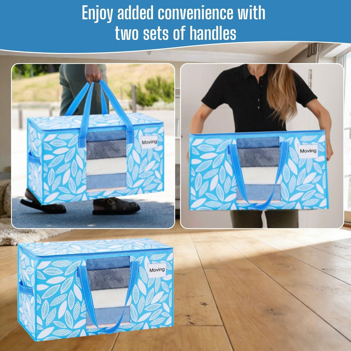 VENO 4 Pack Heavy Duty Moving Bags, Clothes and Comforter Storage Bags with Clear Window, College Dorm Essentials Packing Supplies, Foldable Boxes Alternative (Spring Breeze, 4 Pack)