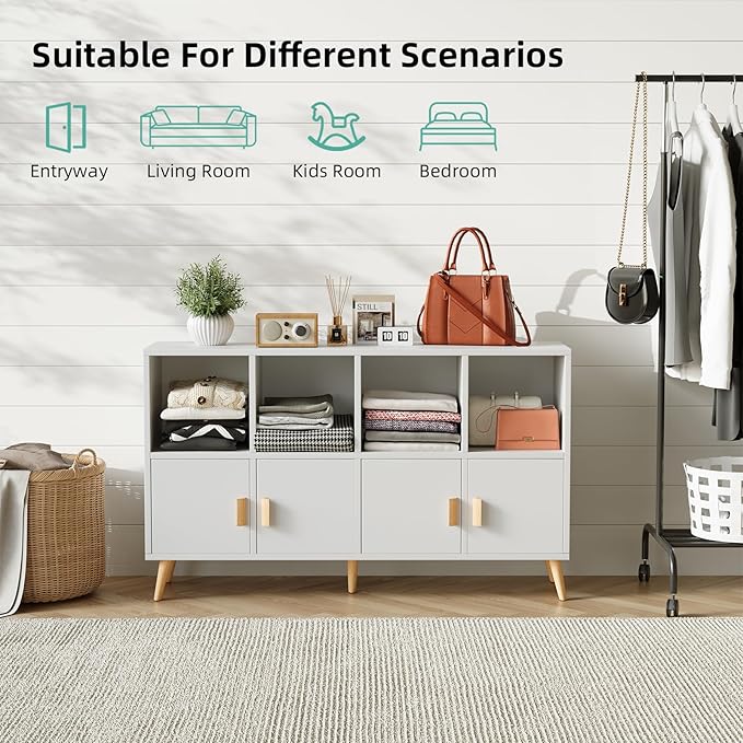8-Cube Storage Organizer with Doors & 5 Solid Wood Legs, Mid-Century Modern
