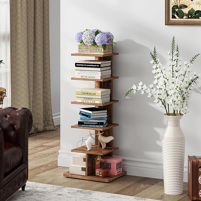 TUTOTAK Narrow Bookshelf, 6-Tier Bookcase, Spine Book Shelf