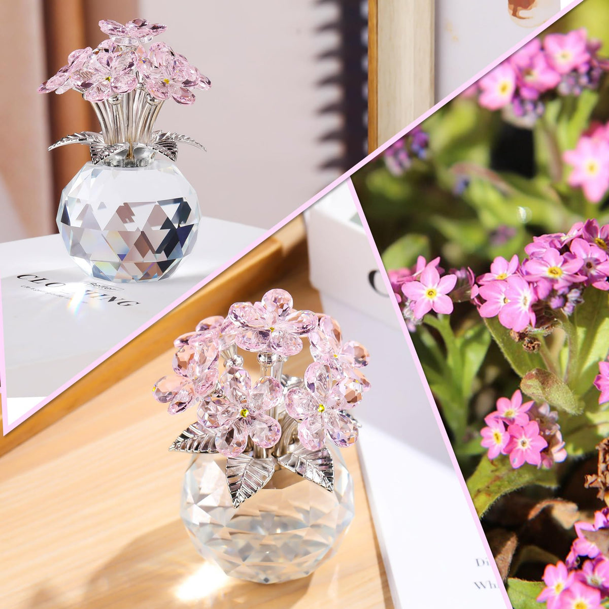 YWHL Pink Crystal Forget Me Not Figurines with Base, Crystal Glass Flower Gifts for Women, Handmade Flower Collectible Figurine Ornaments for Tabletop Centerpieces Home Decor