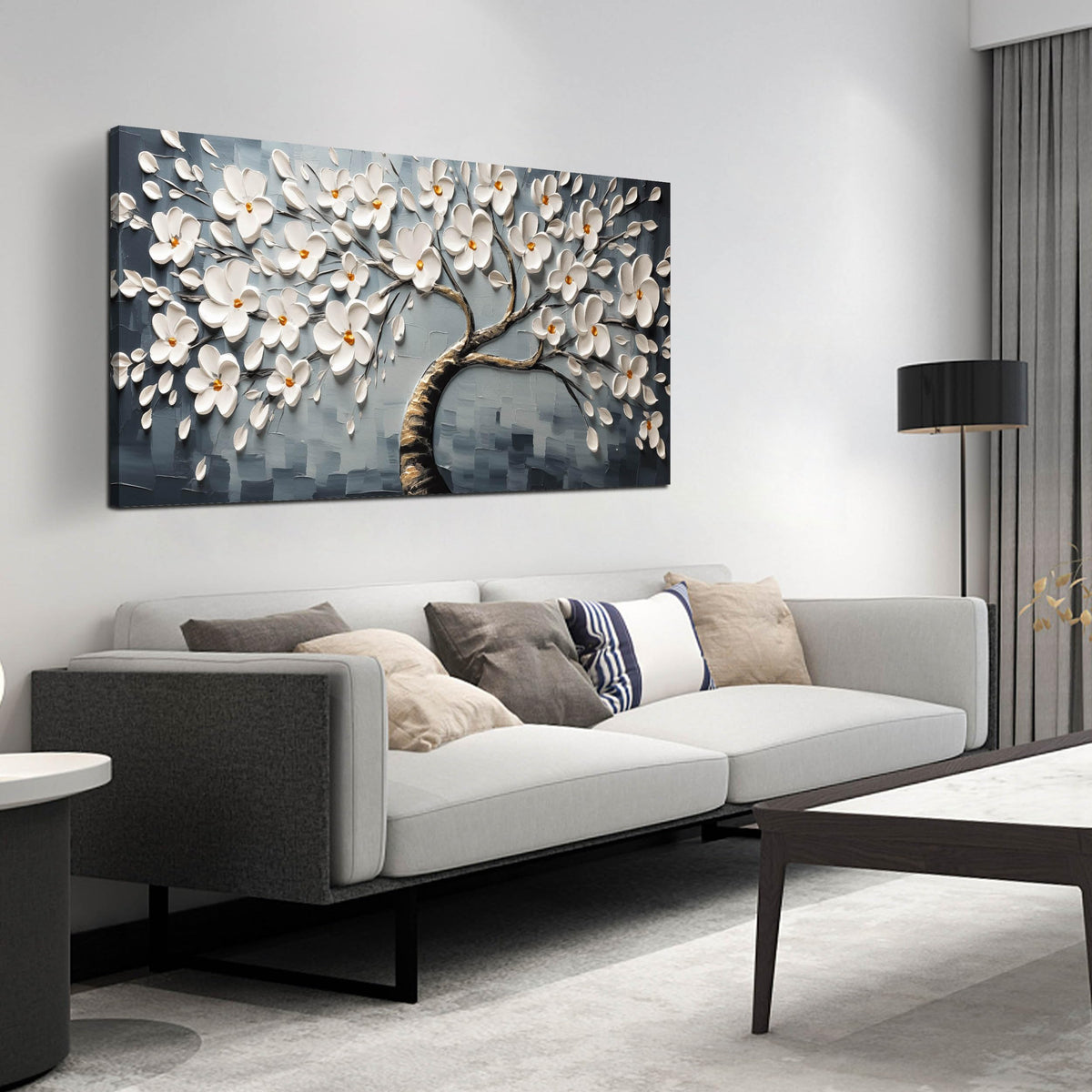 Canvas Wall Art for Living Room White Flowers Tree of Life Picture Print Paintings Large Framed Bedroom Wall Decor Artwork Modern Gallery Plant Wall Decorations Size 24x48 inch Ready to Hang
