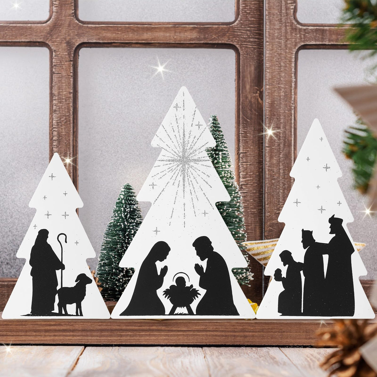 Chunful 3 Pcs Jesus Nativity Wooden Decor Black White Wood Centerpiece Christmas Table Sign Rustic Wood Tree Nativity Scene for Christmas Home Tabletop Mantel Fireplace Party Decoration