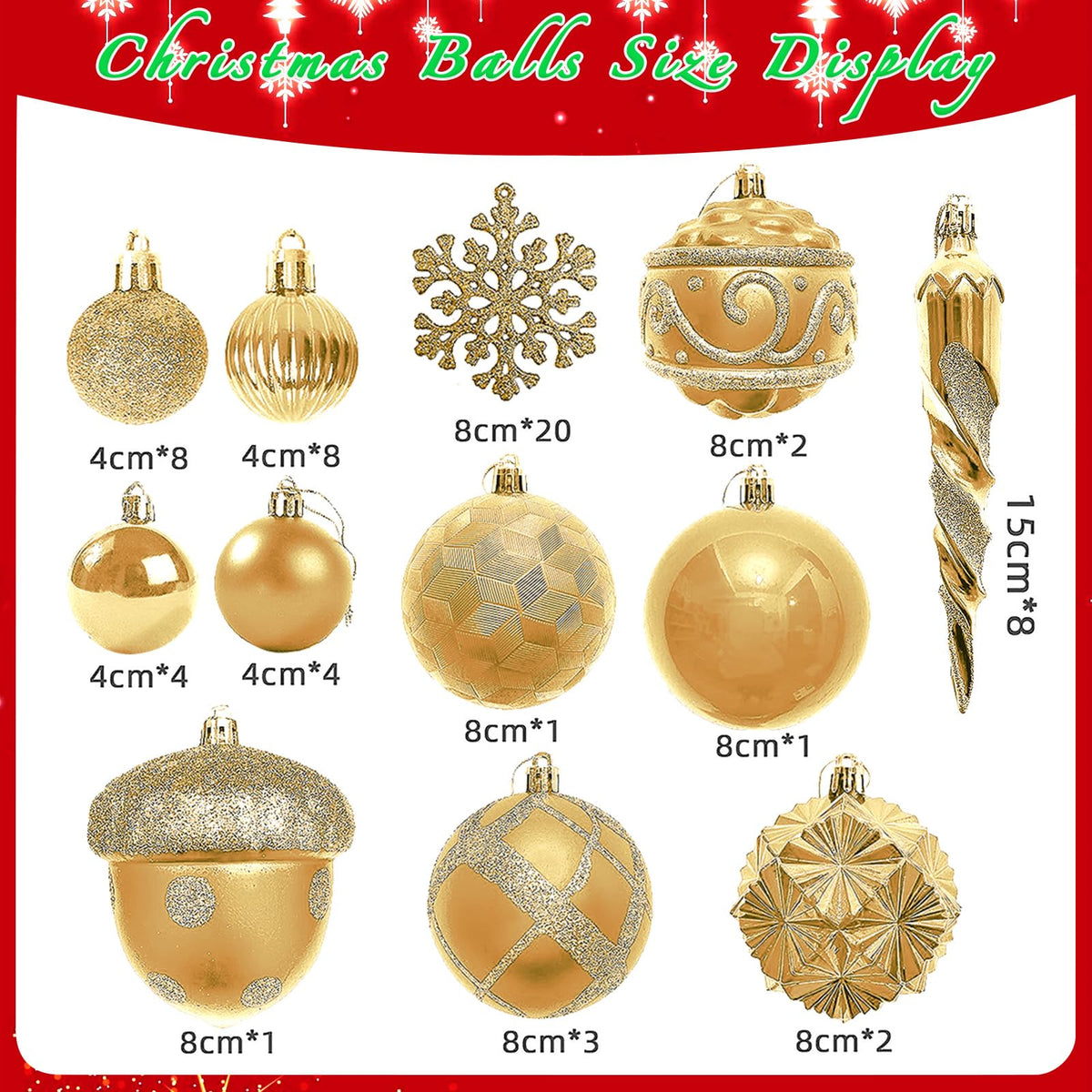 Napzy 62 Count Shatterproof Christmas Ball Ornaments Set, Golden Christmas Tree Decorations for Xmas Holiday Party Decor, Wreath and Garland Hanging Balls