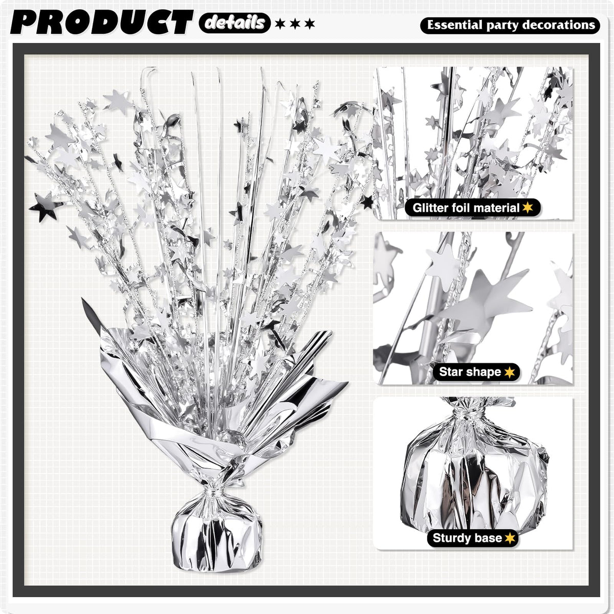 6 Pack Metallic Foil Spray Centerpiece Star Table Decoration Burst Table Centerpieces for Birthday Weddings Anniversaries Christmas New Year Holiday Party Supplies Decor (Silver)